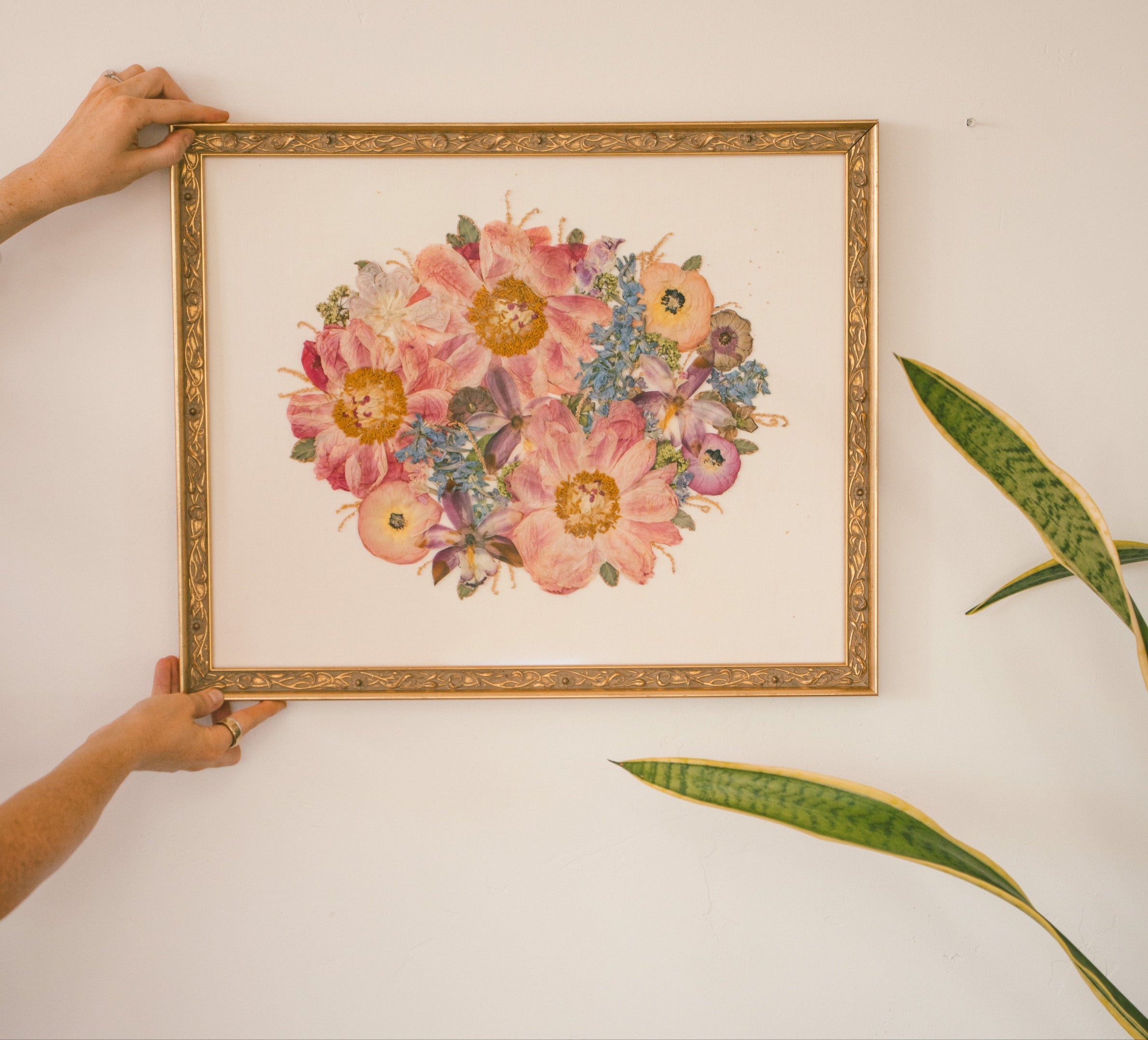 Person holding a framed pressed floral artwork on a wall with a plant and chair in the foreground.
